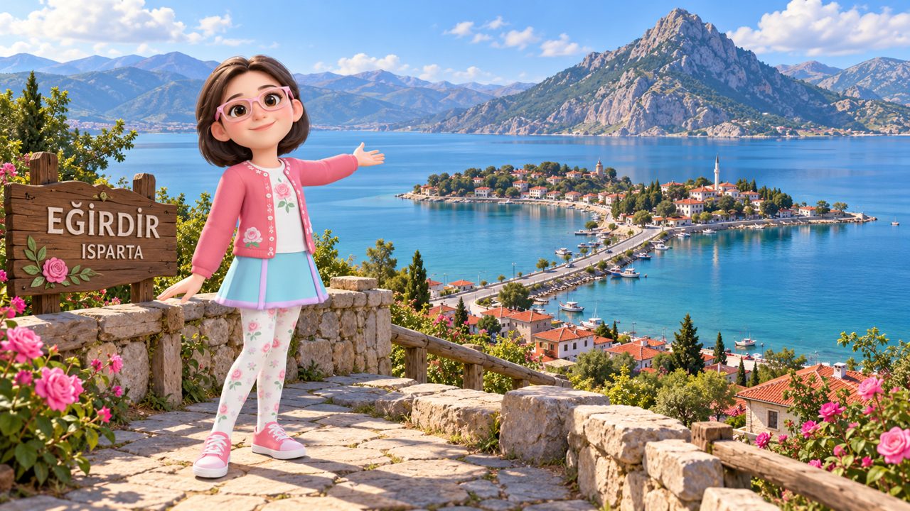 Elif, the main character of Isparta Discovery, at a viewpoint above Lake Eğirdir